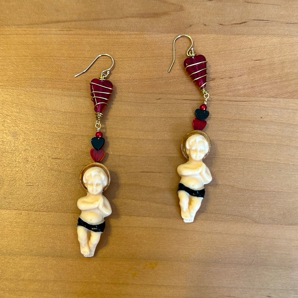 Baby Jesus Heart Gold Halo Wire Wrapped Long Earrings New